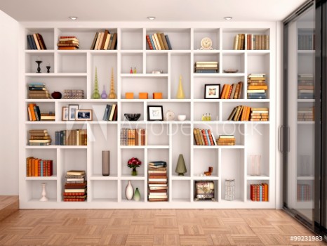 Bild på 3d illustration of White shelves in the interior with various ob